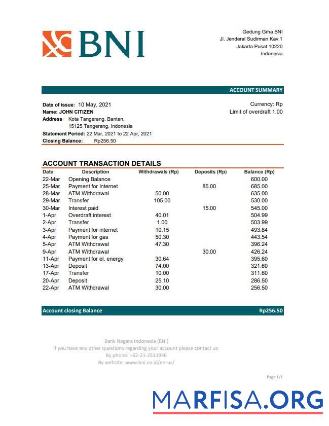 Downloadable Indonesia Bank Negara Indonesia (BNI) bank statement excel sample